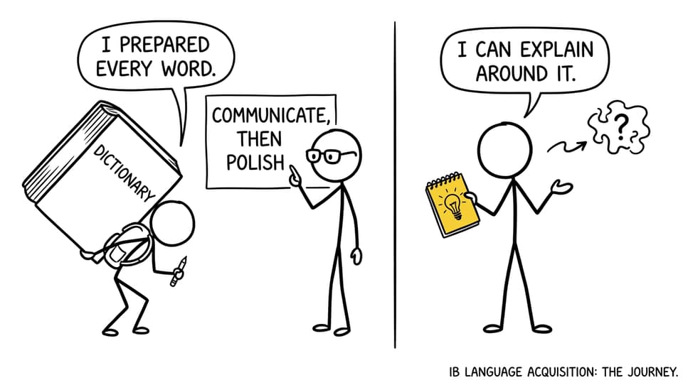 An IB language student replaces an enormous dictionary with a small phrase notebook and learns to explain around missing words