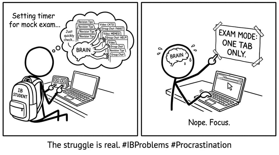 Stick-figure IB student closing distraction tabs