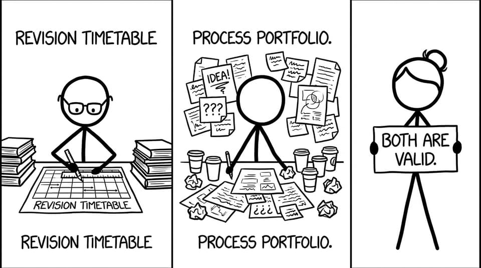 Two students: one has a perfect timetable, one has a chaotic portfolio pile