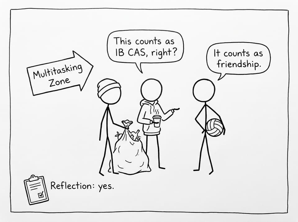 Students multitask: service, sport, and friendship in one scene