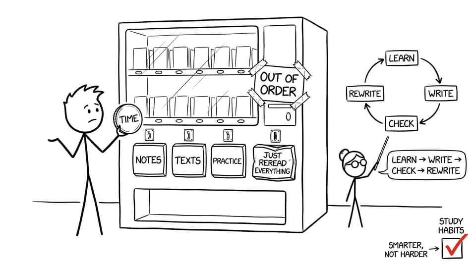 XKCD-style student choosing between notes, texts, practice, and feedback while rereading everything is out of order
