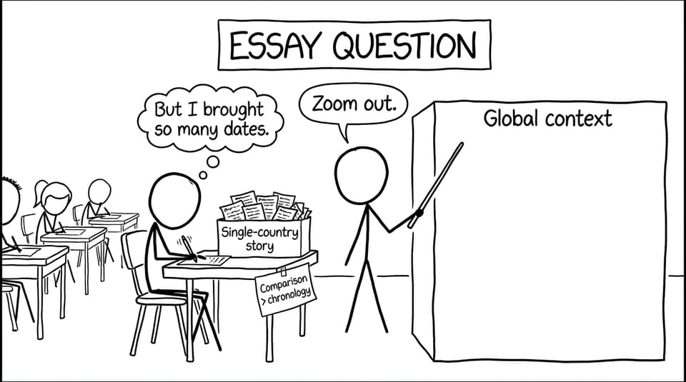 Exam hall: zoom out from single-country story to global context
