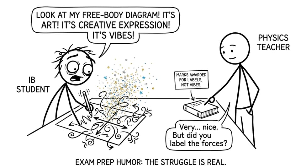 A glittery free-body diagram joke in XKCD comic style