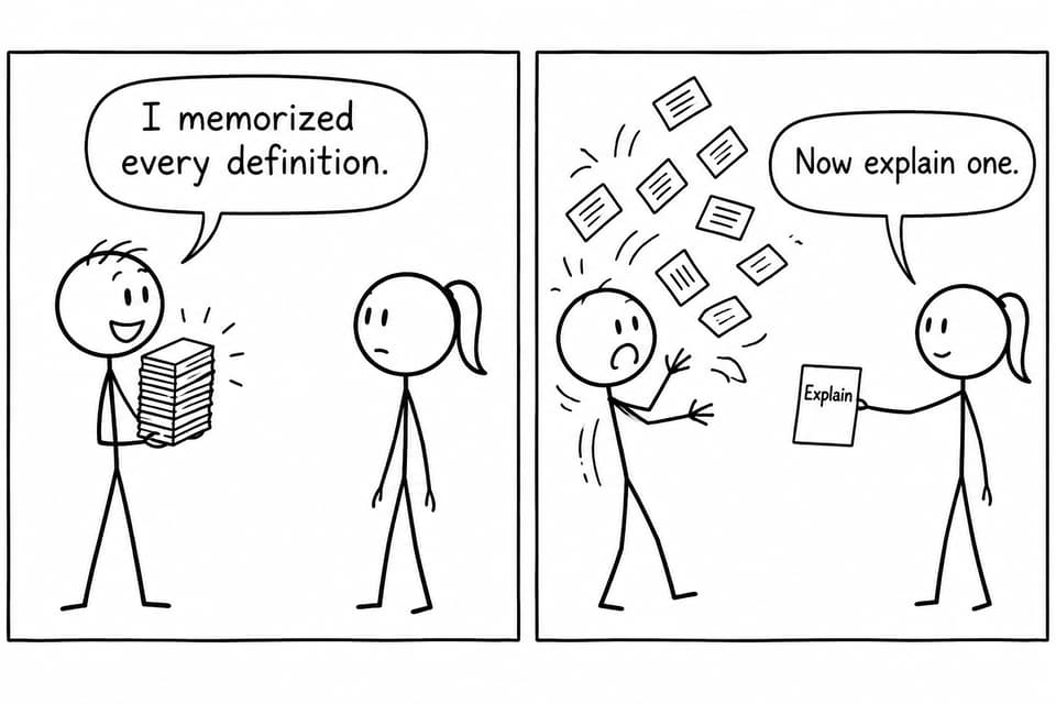 A student discovers that explaining one definition is harder than memorizing an entire stack of cards