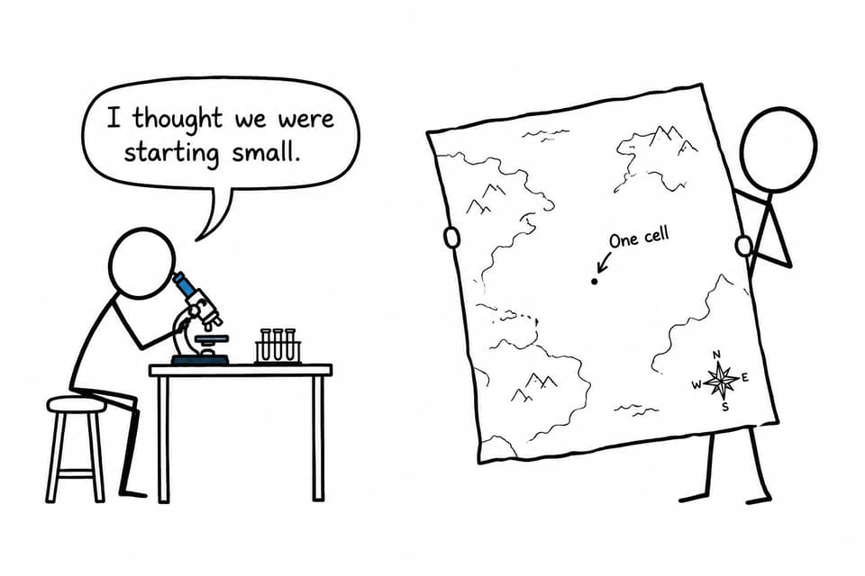A student looking through a microscope while another holds an enormous map labelled as one cell