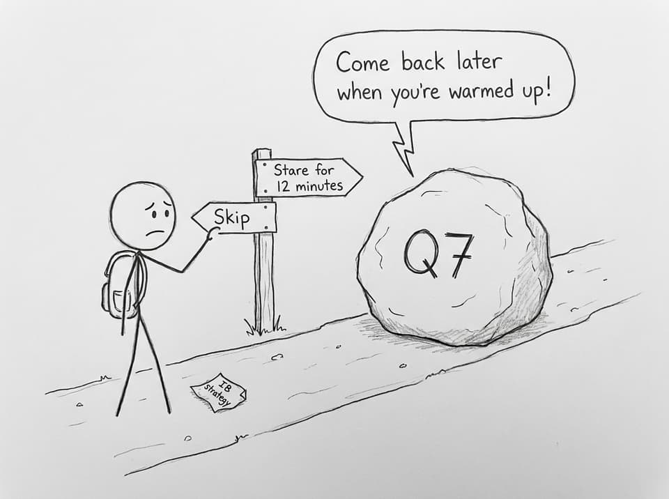 A boulder labeled Q7 and a signpost: Skip vs Stare for 12 minutes