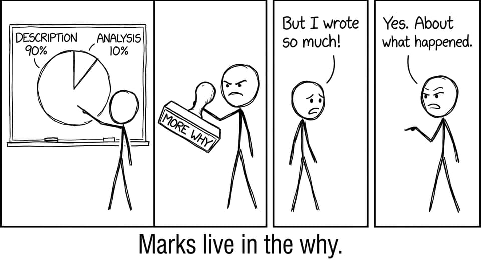 Description vs analysis pie chart joke
