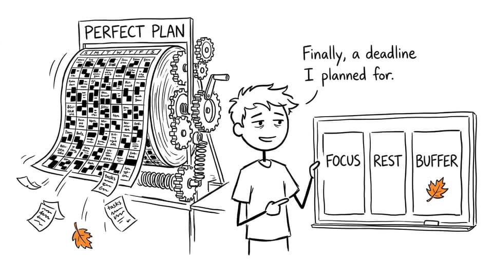 XKCD-style comic showing a student choosing focus, rest, and buffer time over an overloaded perfect plan