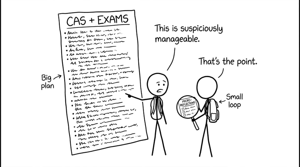 Two students compare a huge CAS+Exams list to a tiny micro-reflections loop