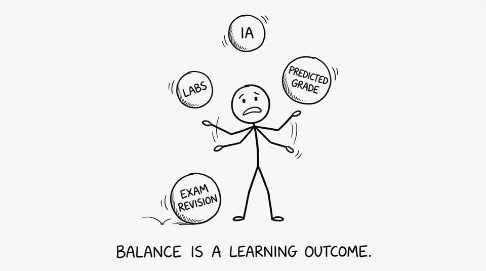Student juggling Labs, IA, Predicted Grade, and Exam Revision