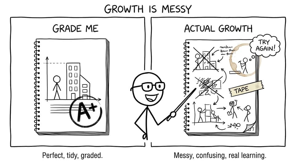 Two-panel comic comparing neat pages vs messy growth pages