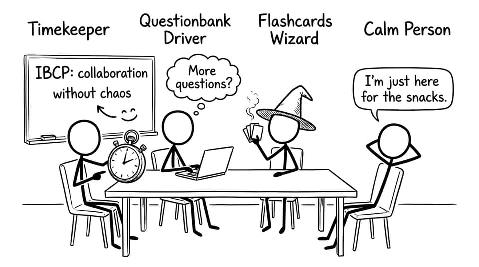 Team meeting with roles: Timekeeper, Questionbank Driver, Flashcards Wizard, Calm Person