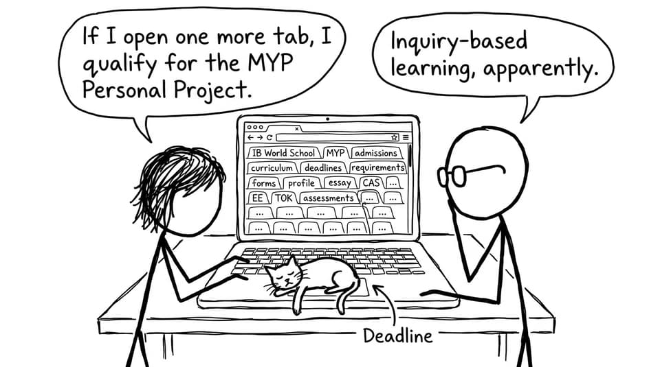 A student and parent drowning in browser tabs while the cat sits on the keyboard labeled Deadline