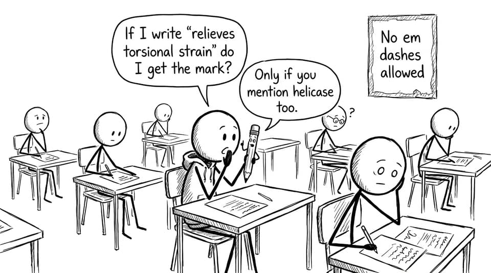 A humorous exam hall comic about mentioning both enzymes