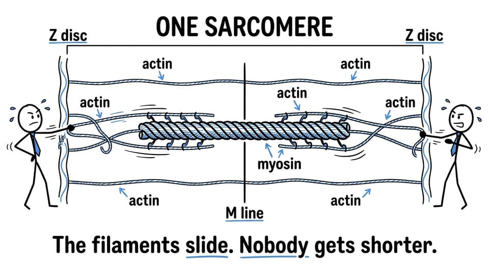 sarcomere visual metaphor showing Z discs, actin, myosin and the M line