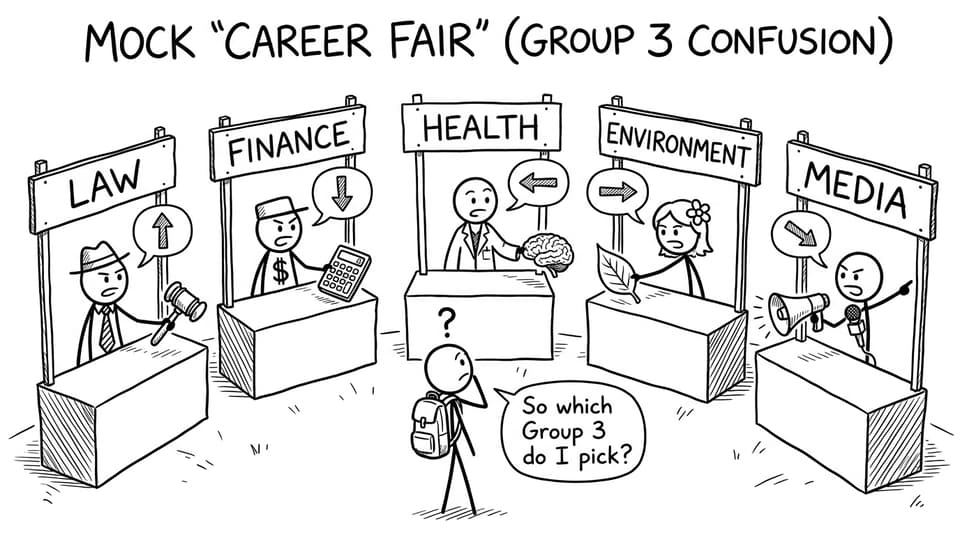 Career fair booths arguing about what you should pick