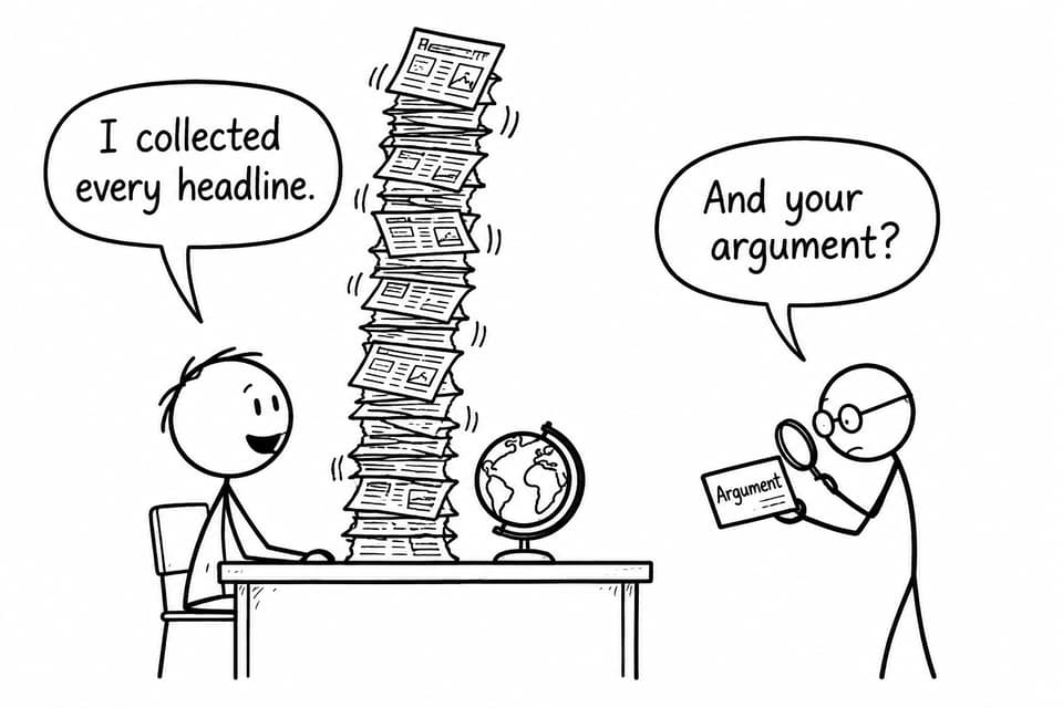 A student presents a tower of collected headlines while an examiner asks for the missing argument