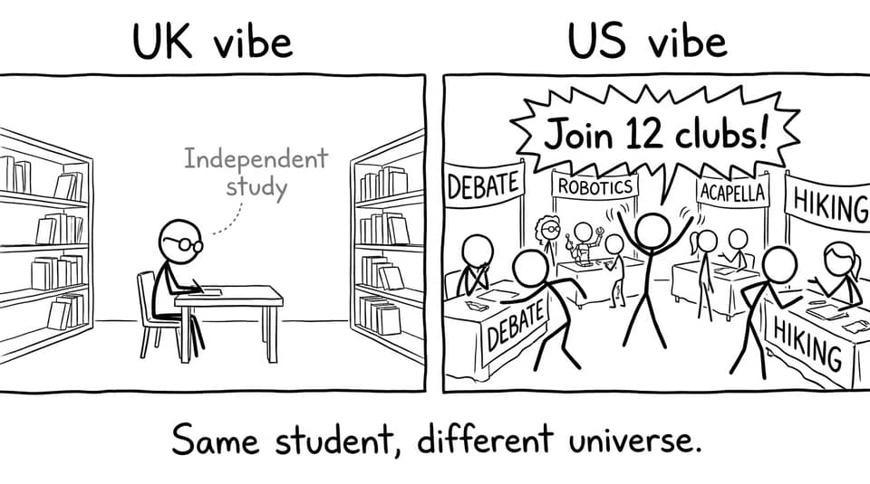 UK vs US vibe campus culture joke