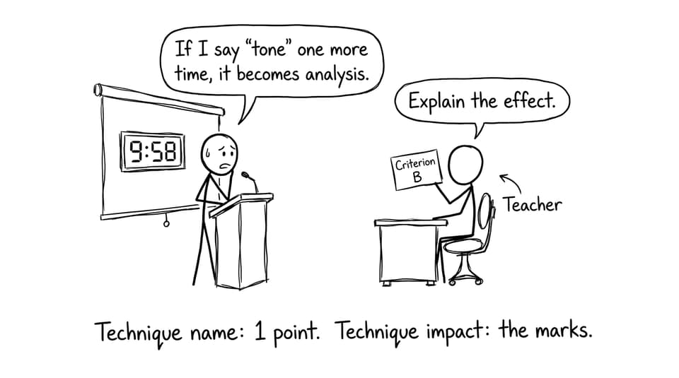 A presenter wants "tone" to become analysis