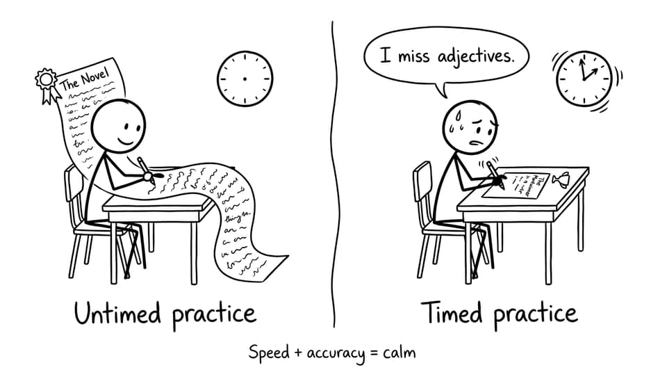 Two-panel comic showing untimed vs timed answers
