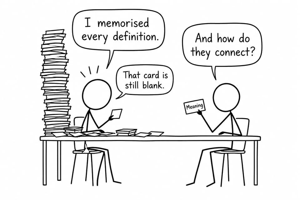 Two students compare memorizing definitions with understanding religious meaning