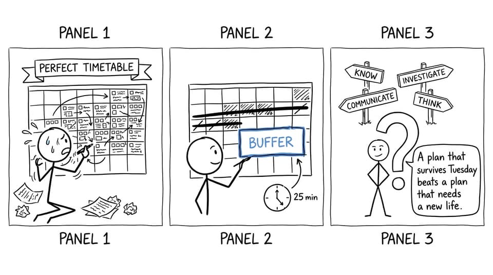 XKCD-style comic about replacing a perfect timetable with a realistic plan and buffer