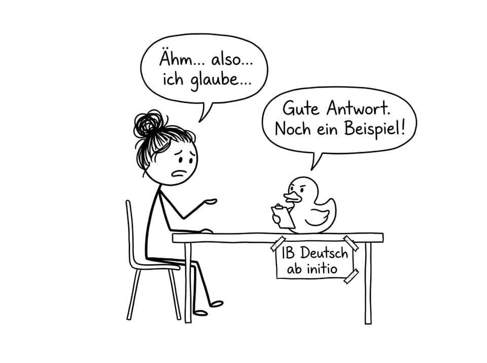 Student practicing German oral with rubber duck