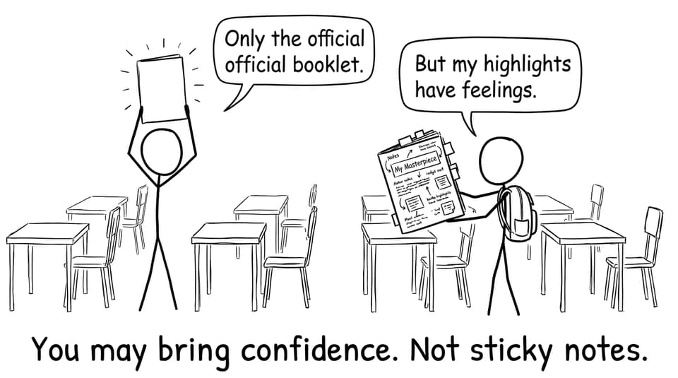 A proctor stops an annotated booklet