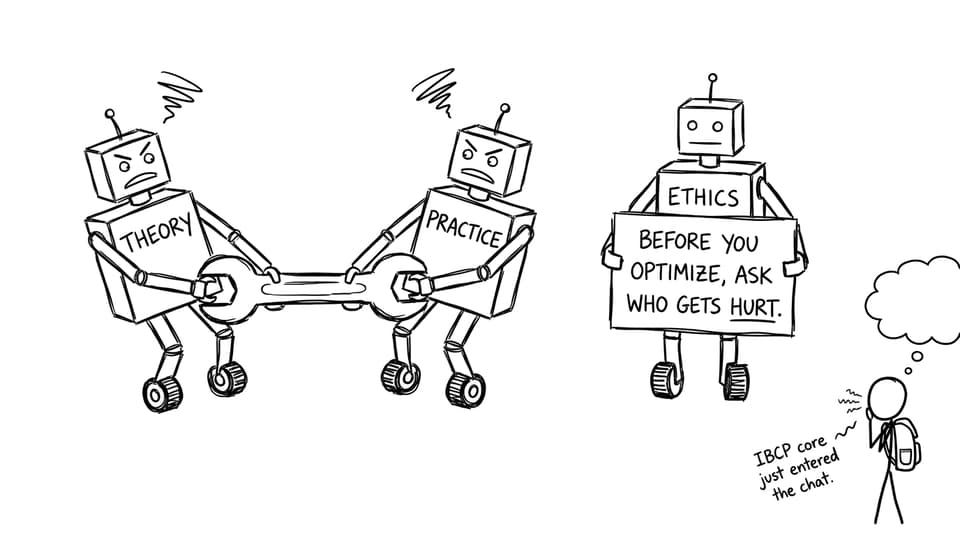 Theory and Practice argue while Ethics interrupts