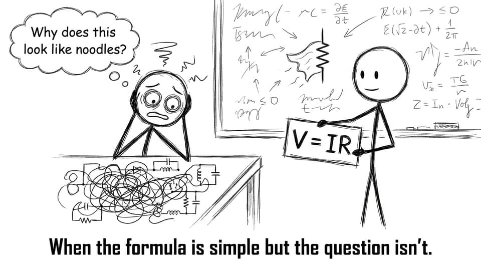 A stressed IB student sees a spaghetti circuit and clings to V=IR