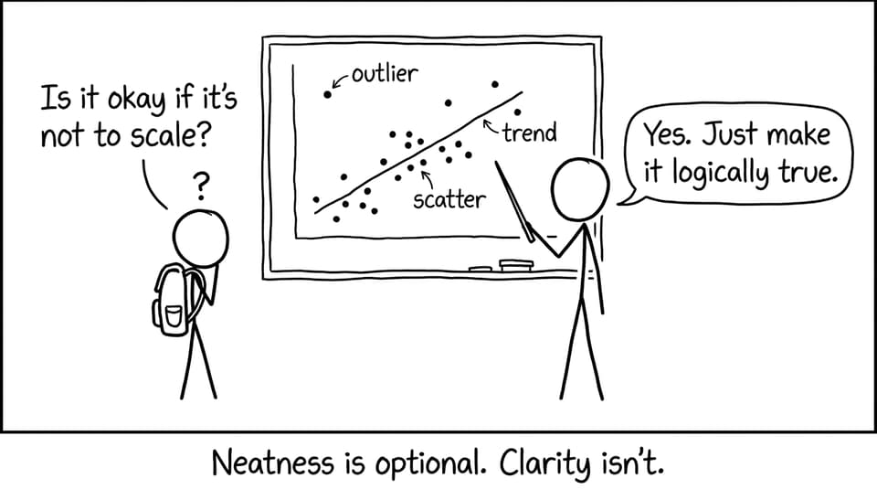 Stick-figure comic about “not to scale” sketches