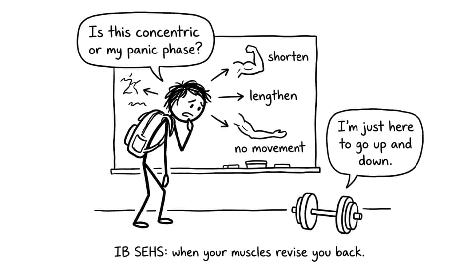 IB SEHS student vs dumbbell confusion comic