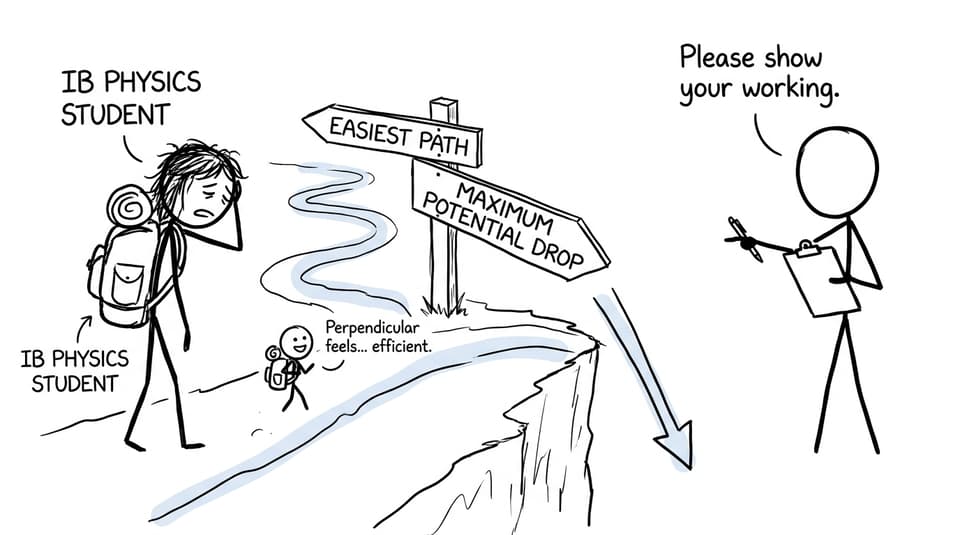 An IB student chooses between an easy contour path and maximum potential drop