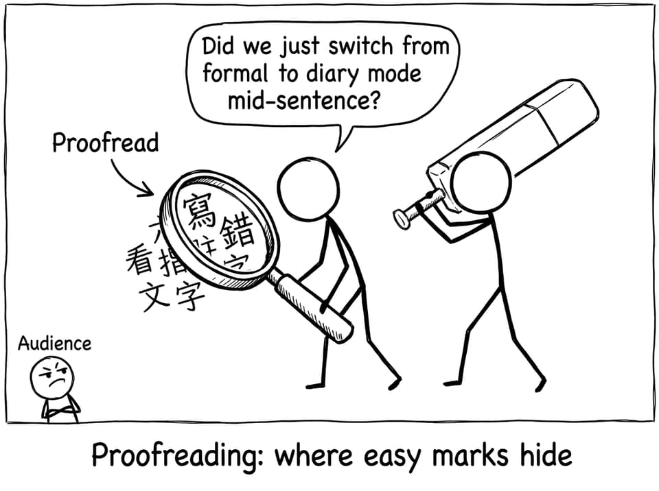 Proofreading catches tone mistakes and easy marks