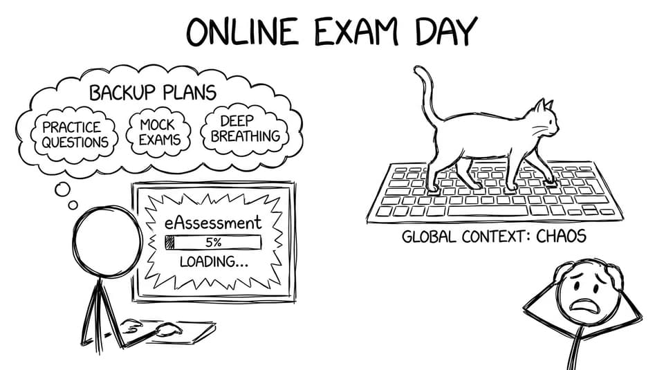 Student stares at an eAssessment loading bar with “backup plans”