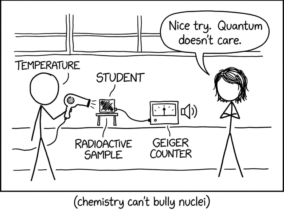 Hair dryer fails to change decay rate joke