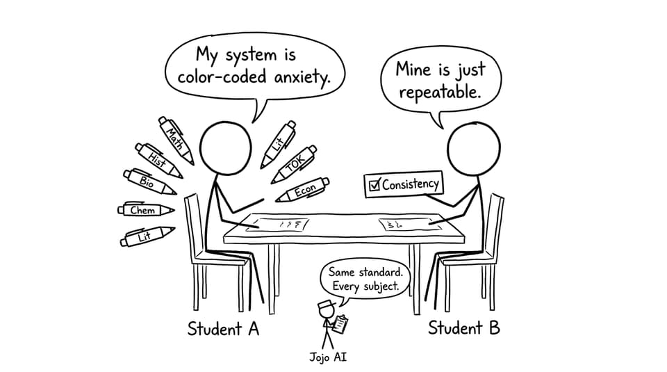 Two students compare systems: color-coded anxiety vs consistency