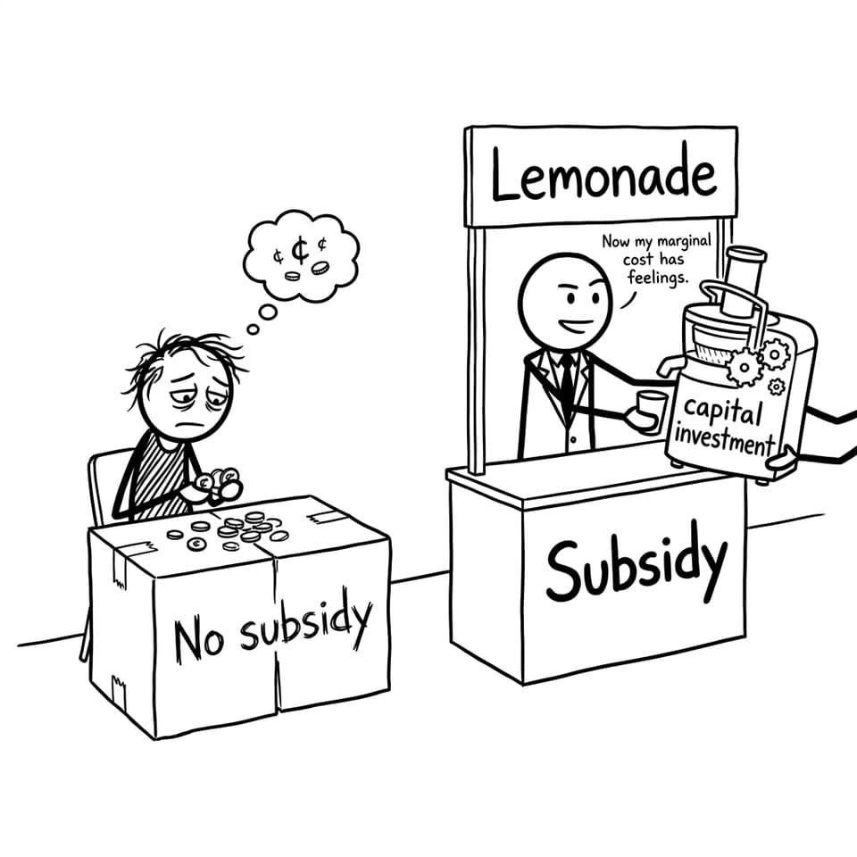 Two lemonade producers, one with a fancy juicer thanks to “subsidy”