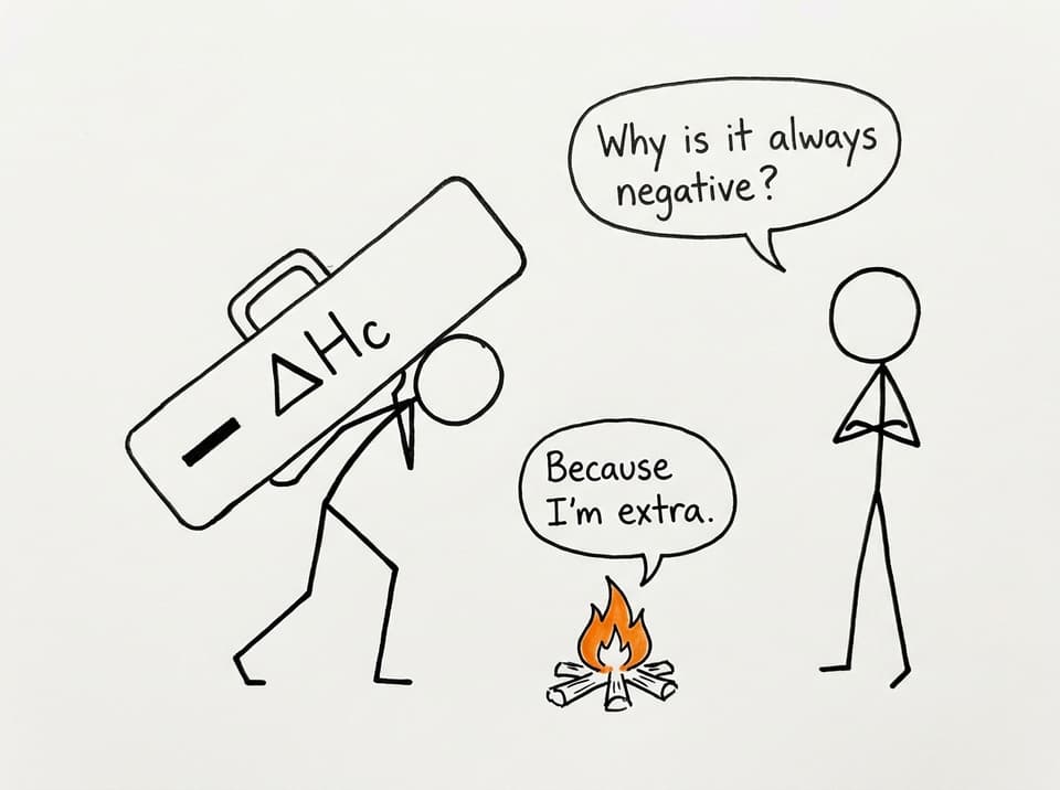 A stick figure drags a giant negative sign labeled ΔHc