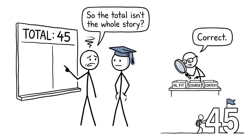 A parent learns that an IB total is only part of the admissions picture