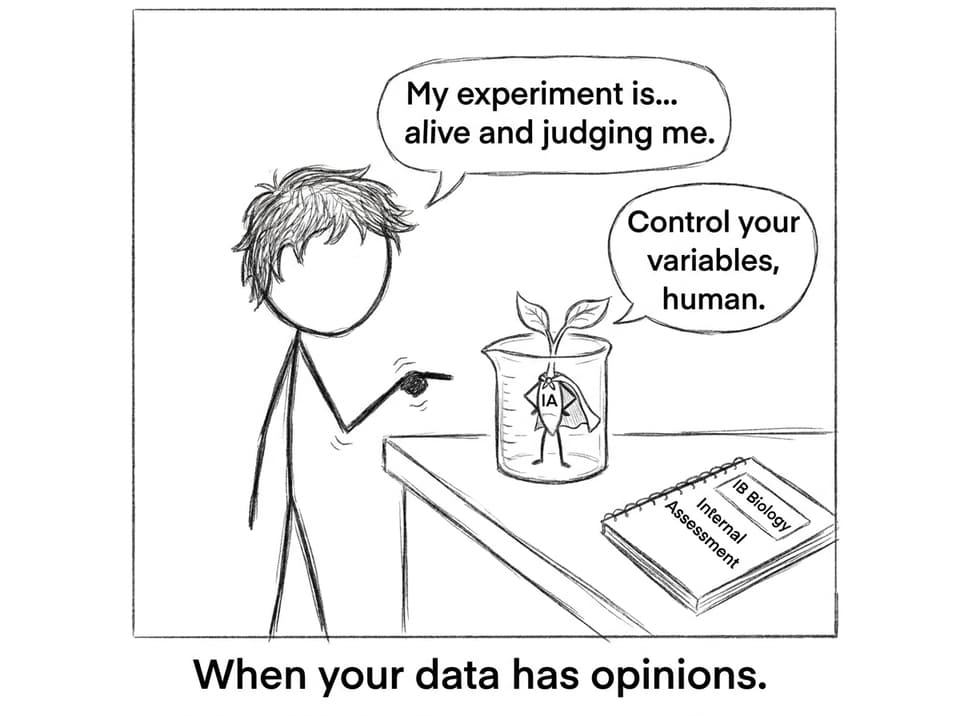 A superhero plant labeled IA judging a student