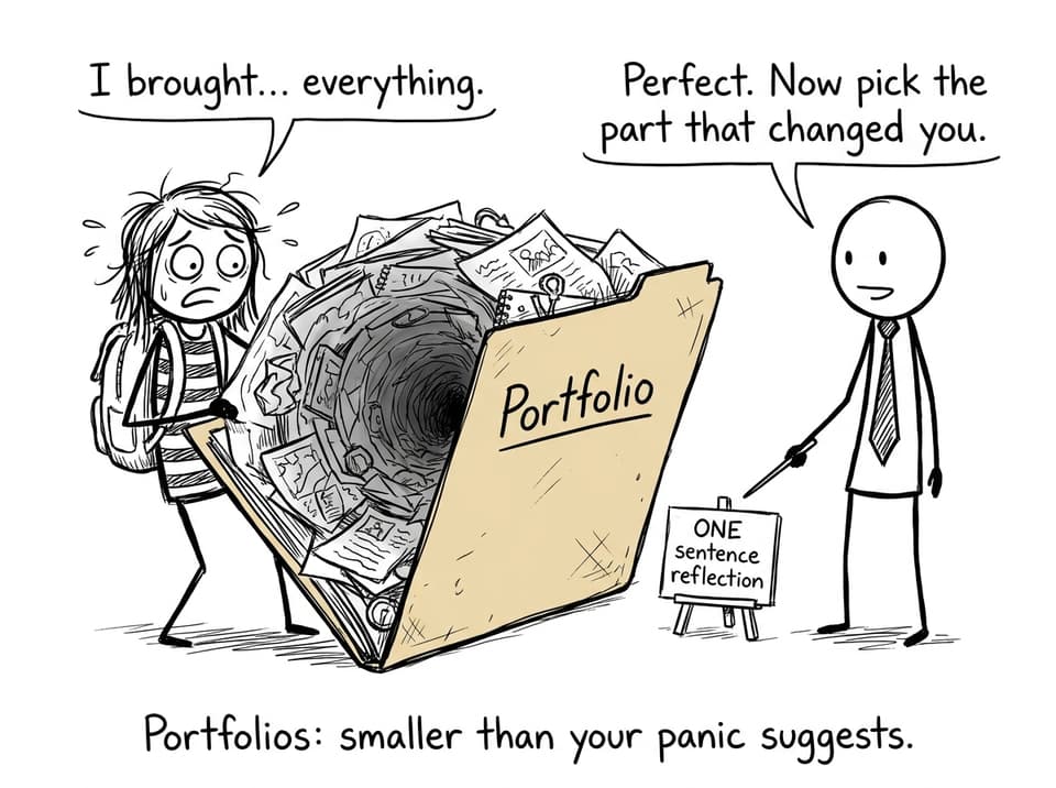 XKCD-style comic about portfolios not being scrapbooks
