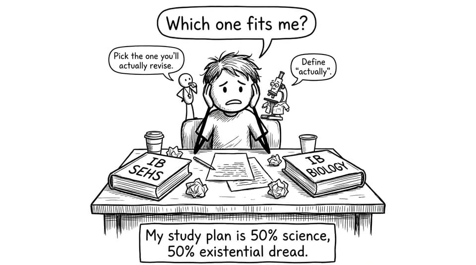 A stressed IB student choosing between IB SEHS and Biology