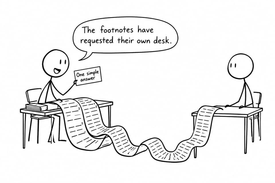 A student holds a card marked one simple answer while a trail of footnotes fills the desk and asks for more space.