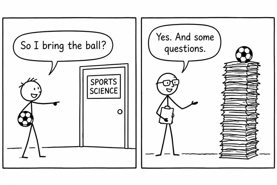 A student brings a football to a sports science door while a lecturer presents a tall stack of research papers