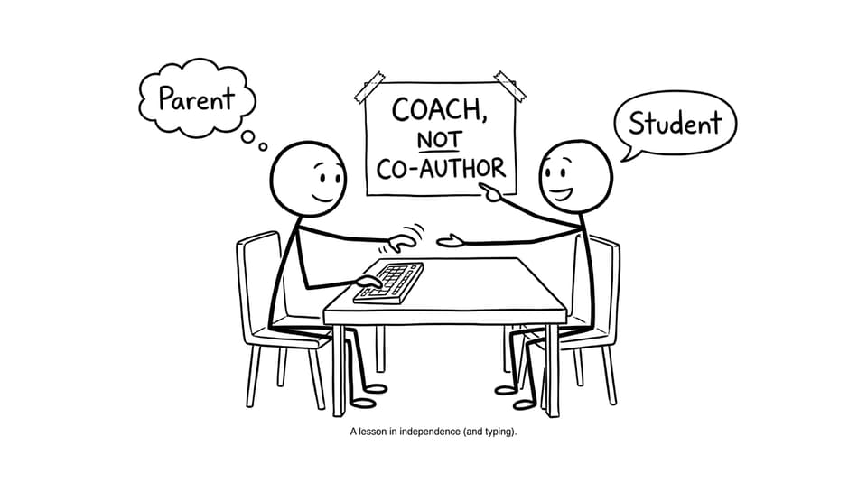 Parent grabbing keyboard, student points to Coach not co-author sign
