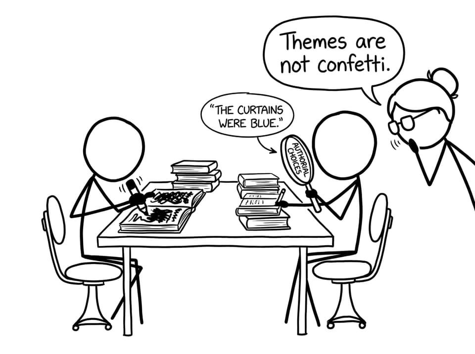 Two students at a library table: one highlights everything while the other uses a magnifying glass labeled authorial choices; librarian whispers themes are not confetti