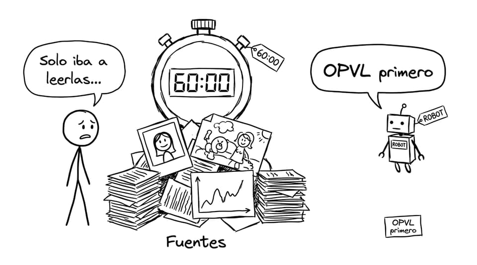 Un estudiante frente a fuentes y cronómetro, humor OPVL
