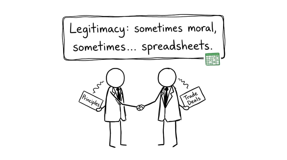 Two diplomats shaking hands while reading cue cards about “Principles” and “Trade Deals”