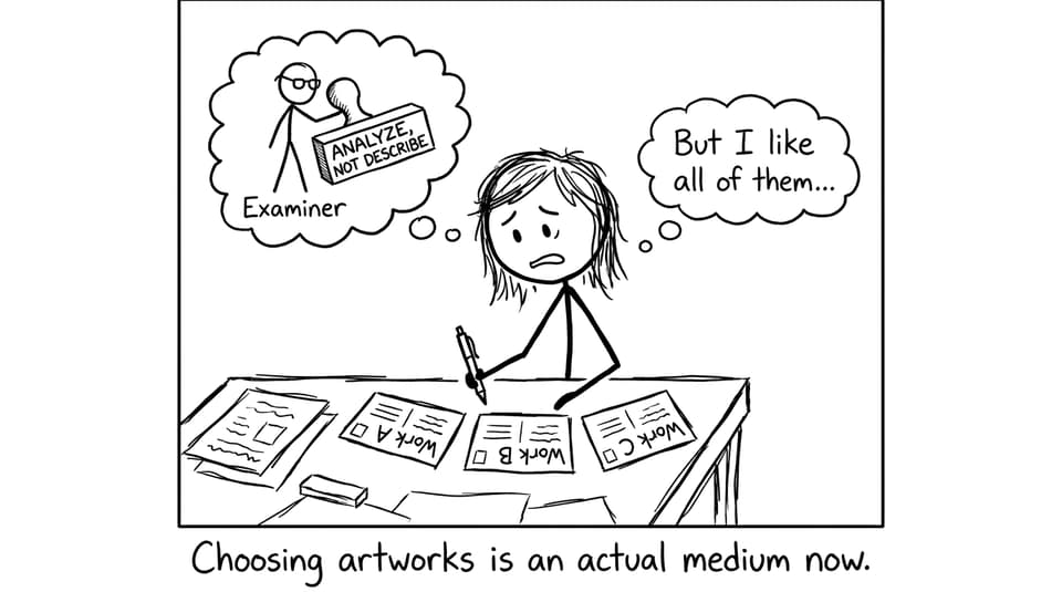Student choosing artworks comic